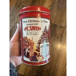 Vintage Life Savers Christmas Tin Canister Holiday Candy Container Retro
